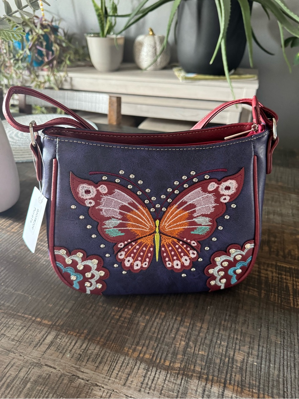 Butterfly Embroidered Crossbody Bag - Purple & Burgundy